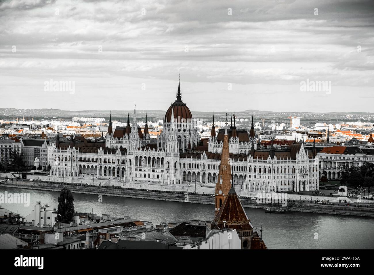 Una foto aerea dell'edificio del Parlamento ungherese a Budapest, Ungheria Foto Stock