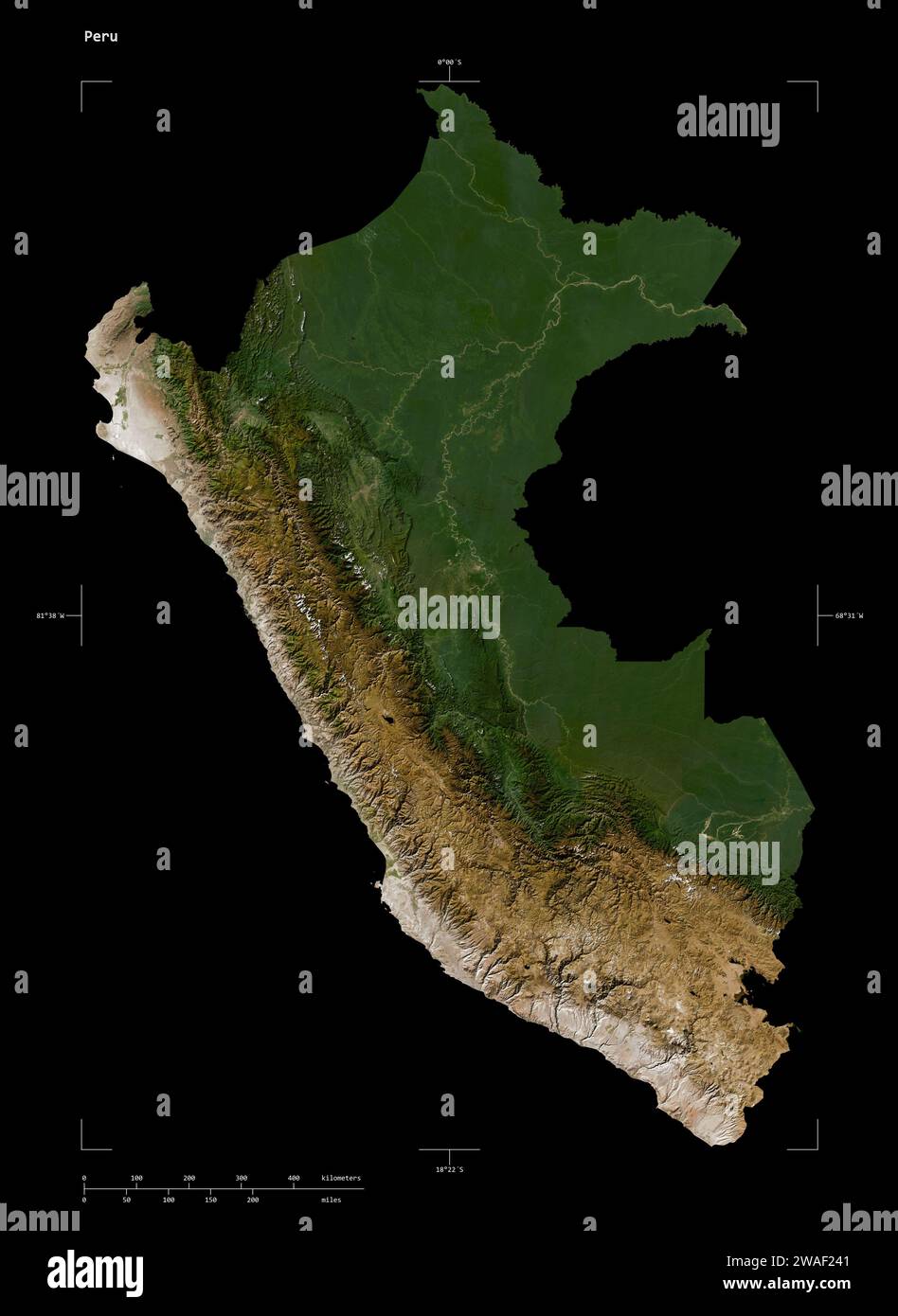 Forma di una mappa satellitare a bassa risoluzione del Perù, con scala di distanza e coordinate di confine della mappa, isolata sul nero Foto Stock Forma di una mappa satellitare a bassa risoluzione del Perù, con scala di distanza e coordinate di confine della mappa, isolata sul nero Foto Stock