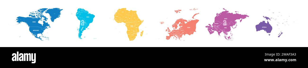 Set di sei mappe continentali del mondo in una fila: Nord America, Sud America, Africa, Europa, Asia e Australia. Mappa vettoriale piatta con etichette dei nomi dei paesi Illustrazione Vettoriale