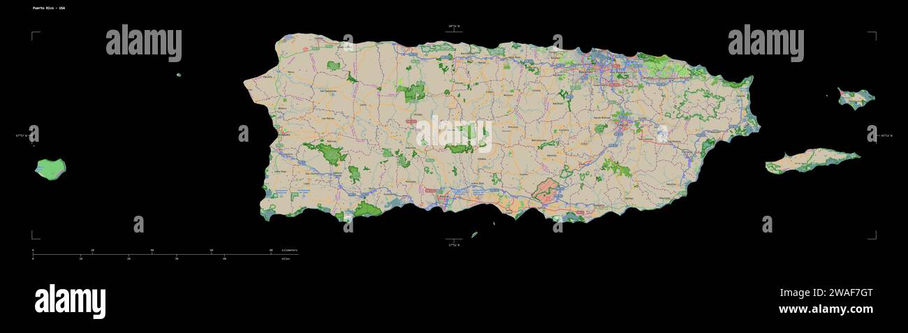 Forma di una mappa topografica in stile OSM France di Porto Rico - USA, con scala di distanza e coordinate di confine della mappa, isolata in nero Foto Stock