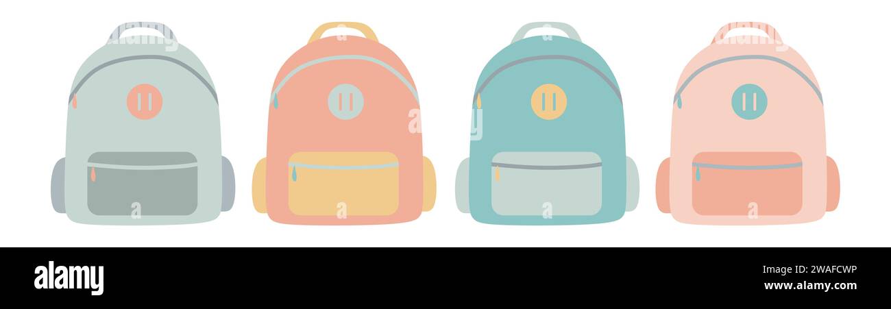 Zaino scuola, borsa sport, studio e viaggio nei colori pastello. Illustrazione Flat Vector isolata su sfondo bianco. Accessorio universitario, moda c Illustrazione Vettoriale