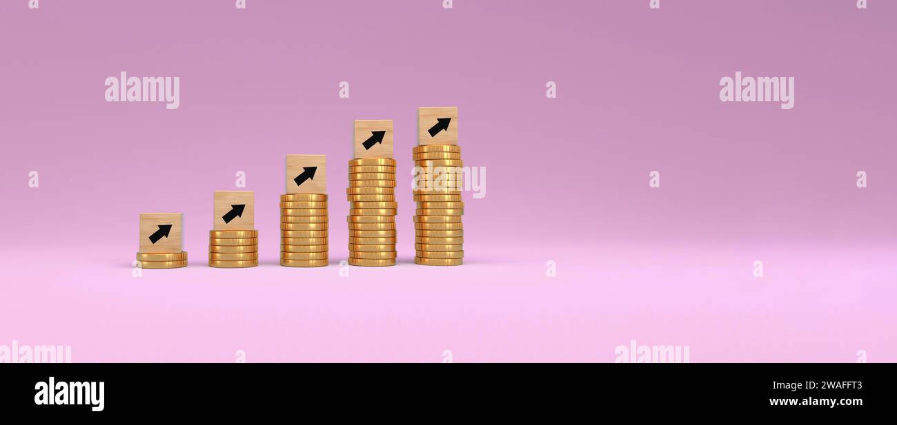 Impilare monete e blocchi di legno con frecce. Concetto di obiettivo aziendale o di raggiungimento del patrimonio. Rendering 3D. Foto Stock