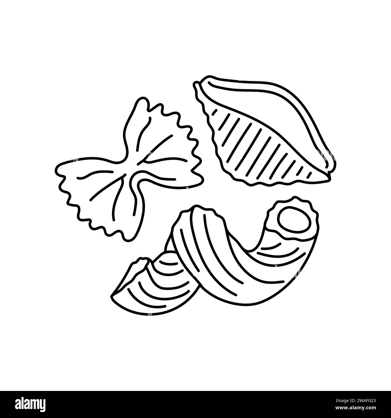 Pasta disegnata a mano: fusilli, elemento di colore farfalle. Cartone animato cibo non trasformato. Illustrazione vettoriale isolata. Illustrazione Vettoriale