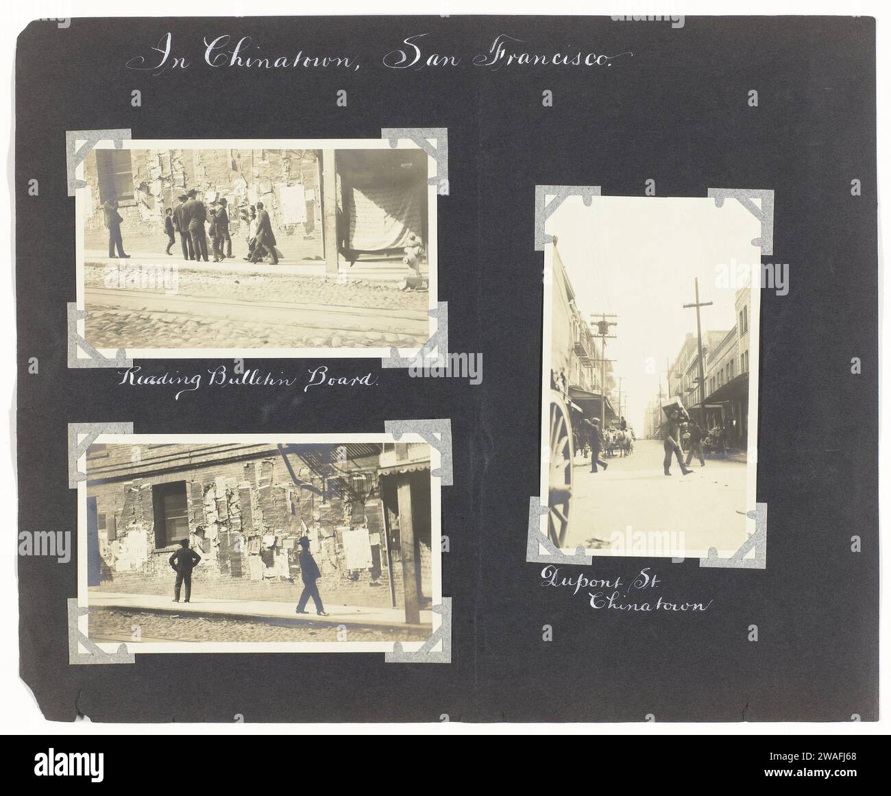 Tre facce di strada a Chinatown, San Francisco, c. 1900 - c. 1906 fotografare due registrazioni del Bulletin Board e una di Dupont Street a Chinatown, San Francisco. San Francisco Paper. Carta baryta gelatina stampa argento strada (+ City(-scape) con figure, personale) Chinatown Foto Stock