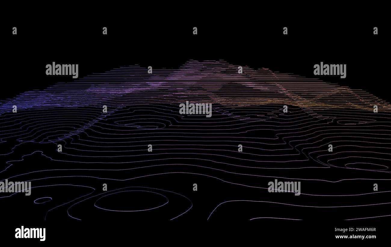 Paesaggio montuoso costituito da linee di contorno colorate e curve - illustrazione 3d. Foto Stock