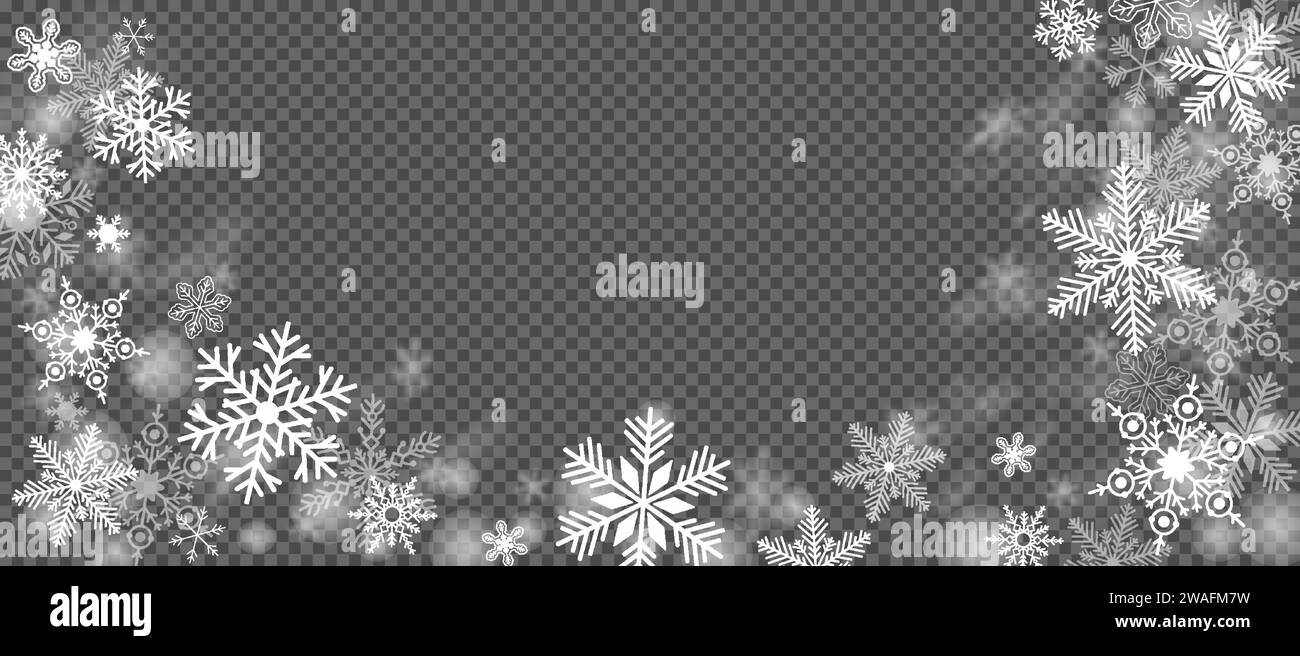 Fiocchi di neve bianchi su sfondo trasparente. Illustrazione del vettore della neve. Illustrazione Vettoriale