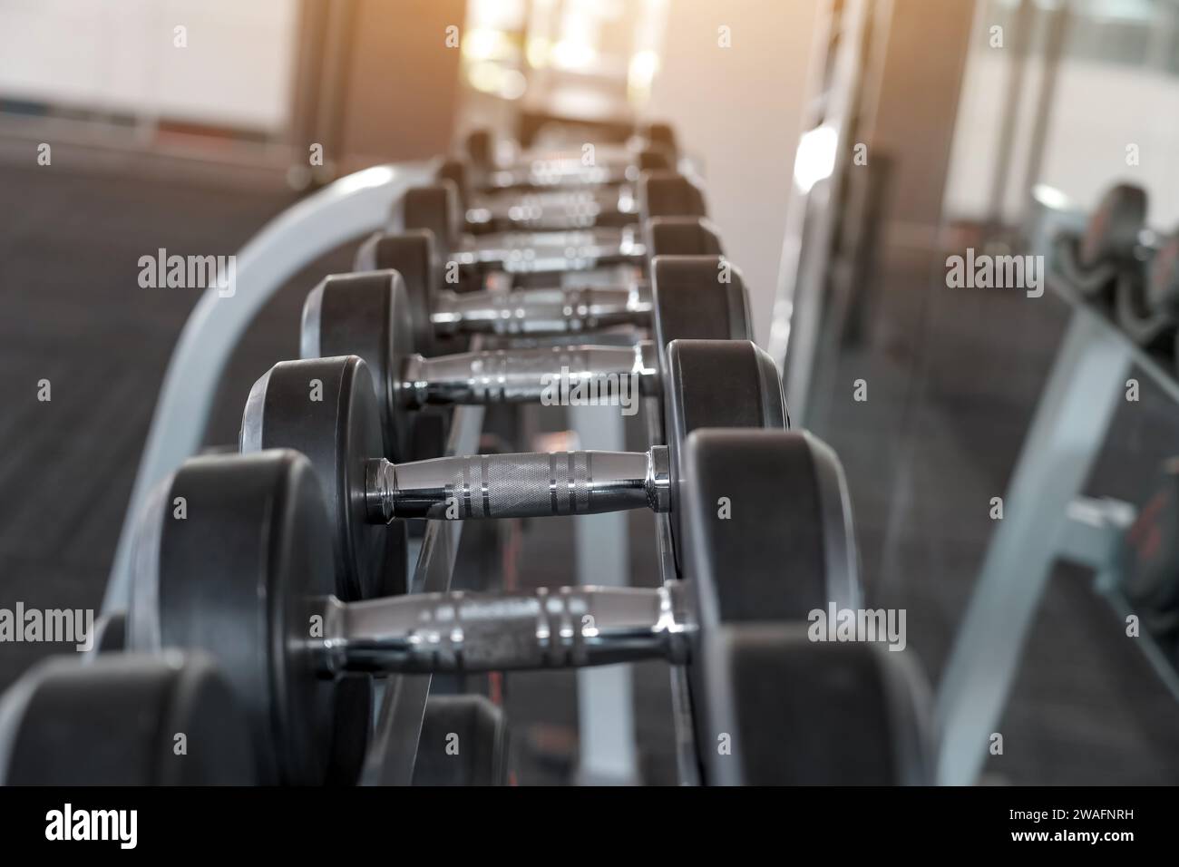 File di manubri in metallo cromato nella palestra di moderni manubri nello sport. Foto Stock