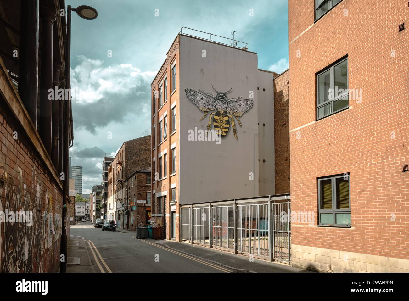 Un murale di un'ape operaia aggiunge un tocco artistico di colore al lato di un edificio nel quartiere settentrionale di Manchester. Foto Stock