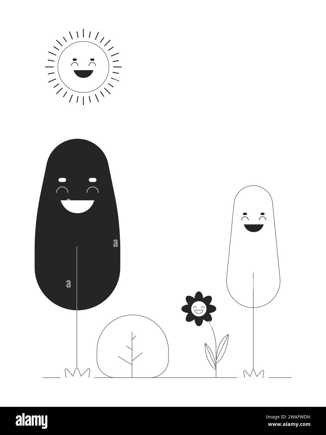 Piante che si godono il sole in bianco e nero cartone animato illustrazione piatta Illustrazione Vettoriale