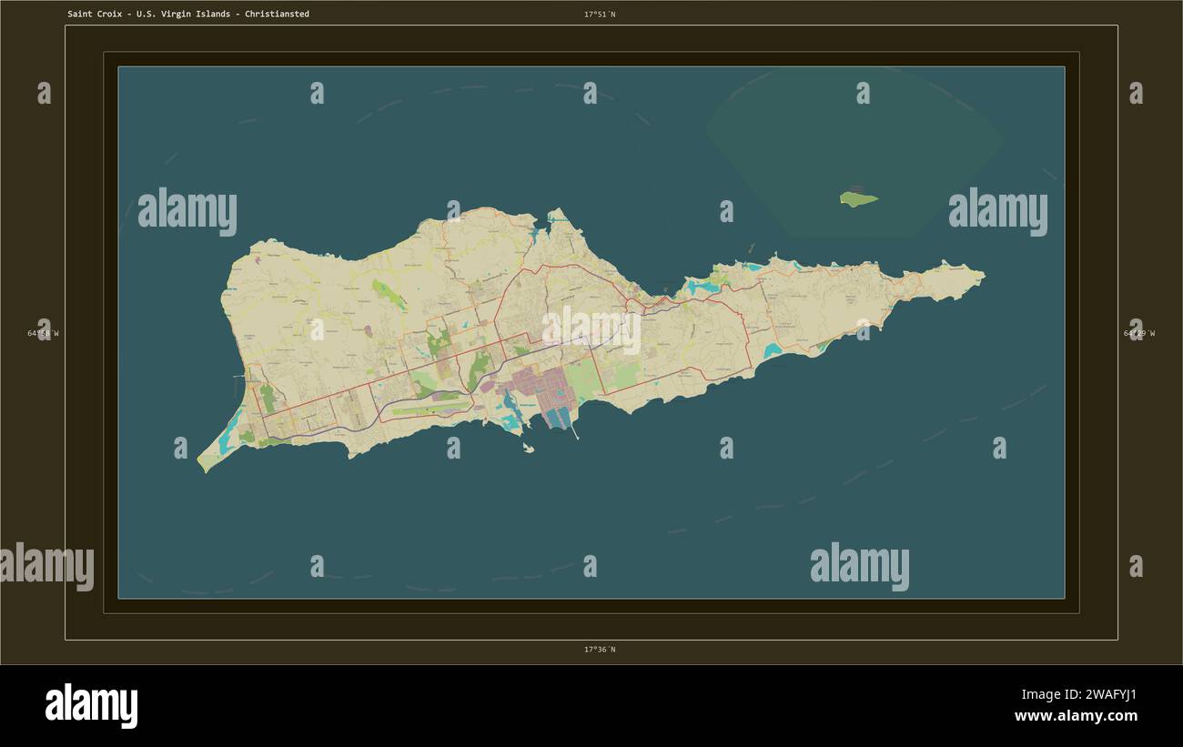 Saint Croix - Isole Vergini americane evidenziate su una mappa topografica in stile umanitario OSM con la capitale del paese, la griglia cartografica, di Foto Stock