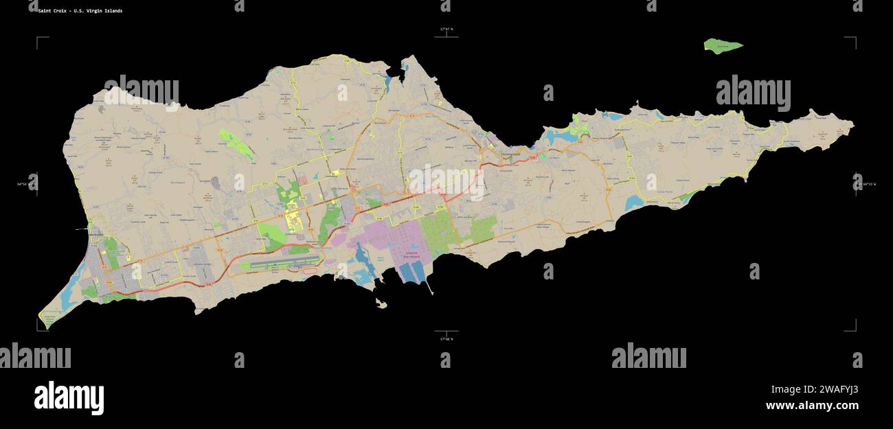 Forma di una mappa topografica in stile standard OSM di Saint Croix - Isole Vergini americane, con scala di distanza e coordinate di confine della mappa, isolato su b Foto Stock