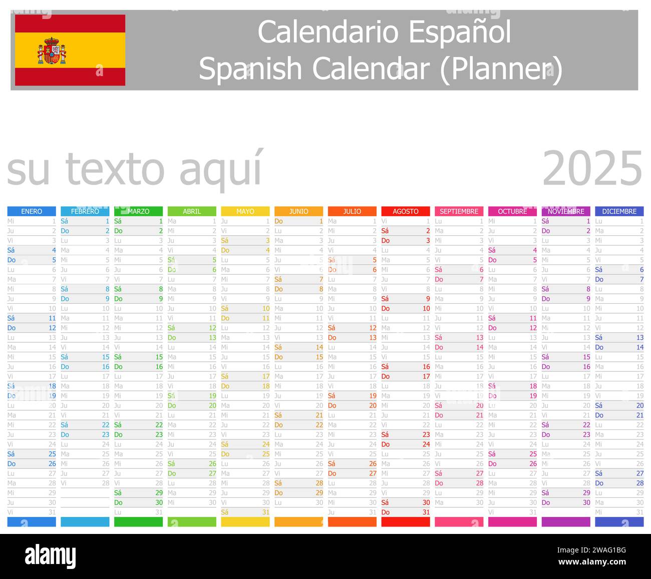 Calendario del Planner spagnolo 2025 con mesi verticali su sfondo bianco Illustrazione Vettoriale