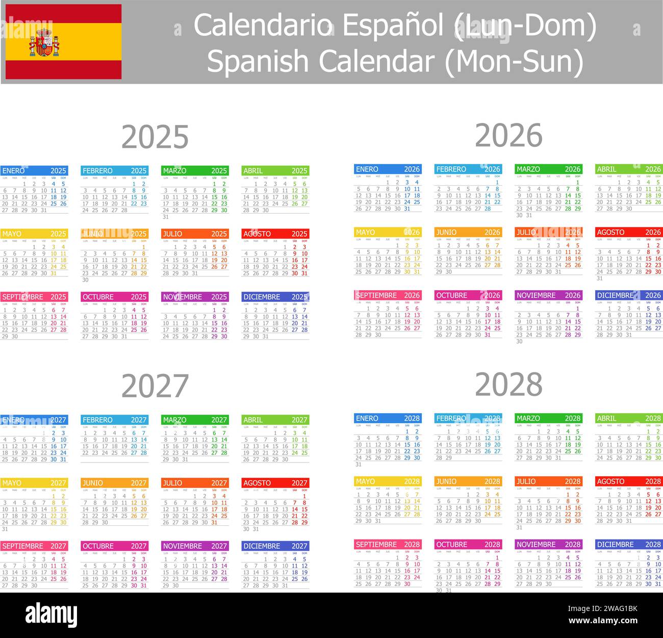 2025-2028 Calendario spagnolo Type-1 Lun-Dom su sfondo bianco Illustrazione Vettoriale