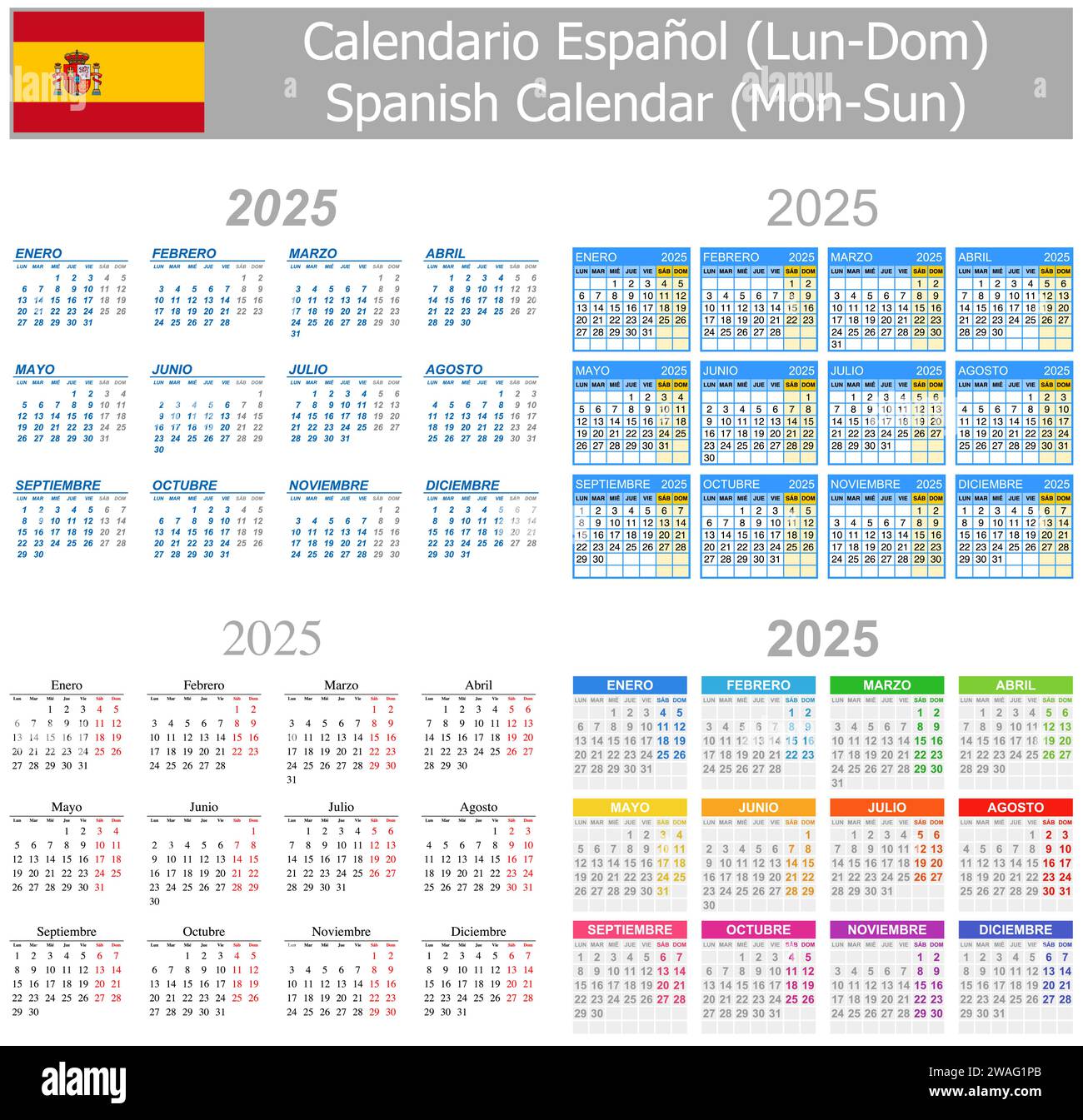 2025-2028 Calendario spagnolo Type-1 Lun-Dom su sfondo bianco Illustrazione Vettoriale
