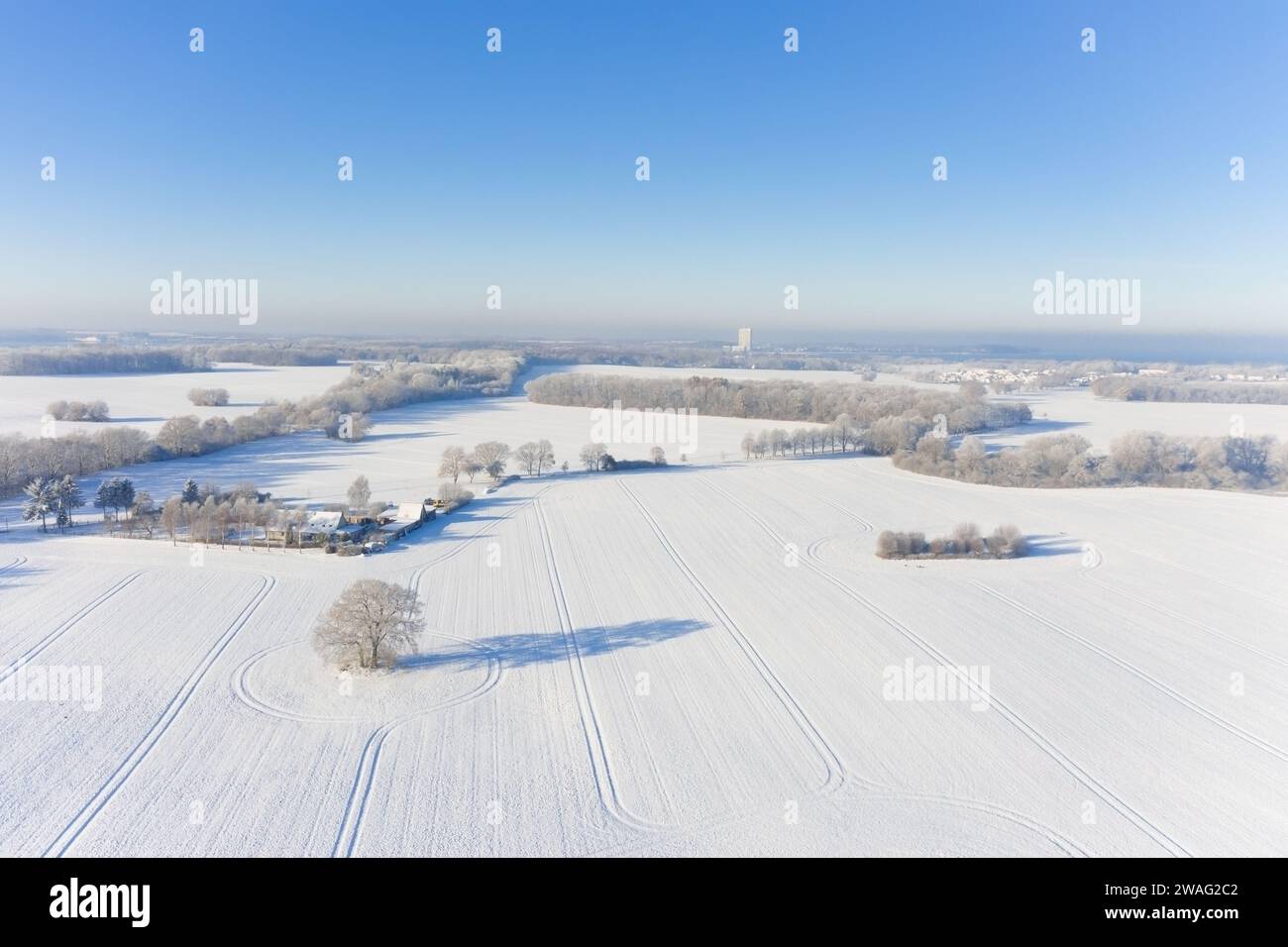 Vista aerea sul paesaggio rurale con campi e prati, circondato da alberi e siepi innevati in inverno, Schleswig-Holstein, Germania Foto Stock