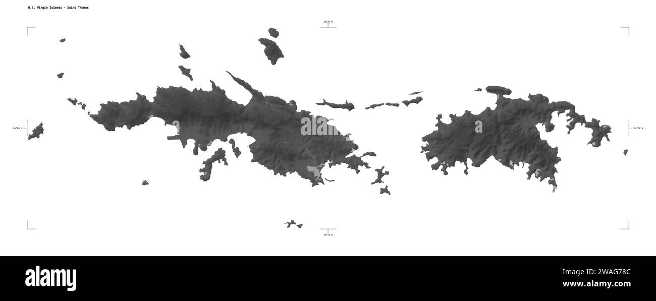 La forma di una mappa di elevazione in scala di grigi con laghi e fiumi delle Isole Vergini americane - Saint Thomas, con scala di distanza e coordinate di confine della mappa, è Foto Stock