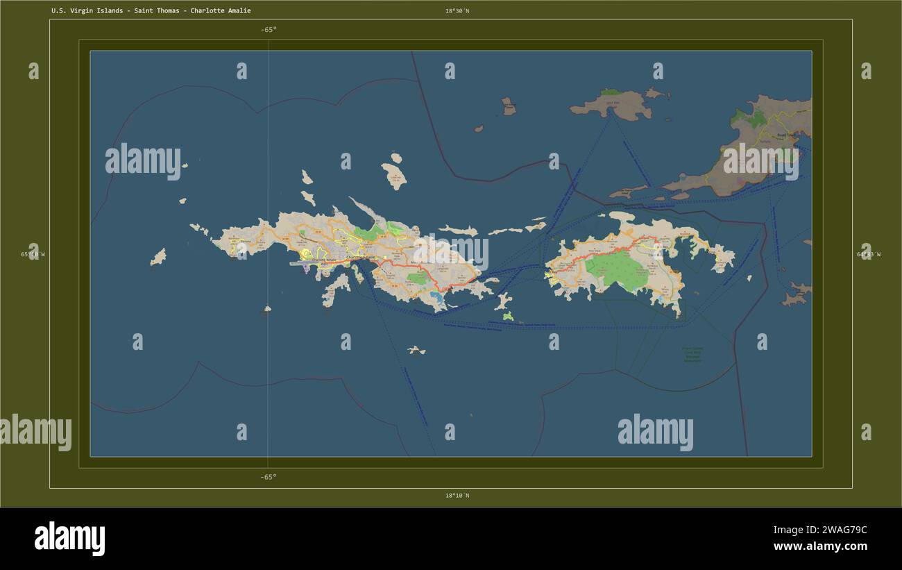 Isole Vergini americane - Saint Thomas è evidenziata su una mappa topografica in stile standard OSM con la capitale del paese, la griglia cartografica, il dista Foto Stock