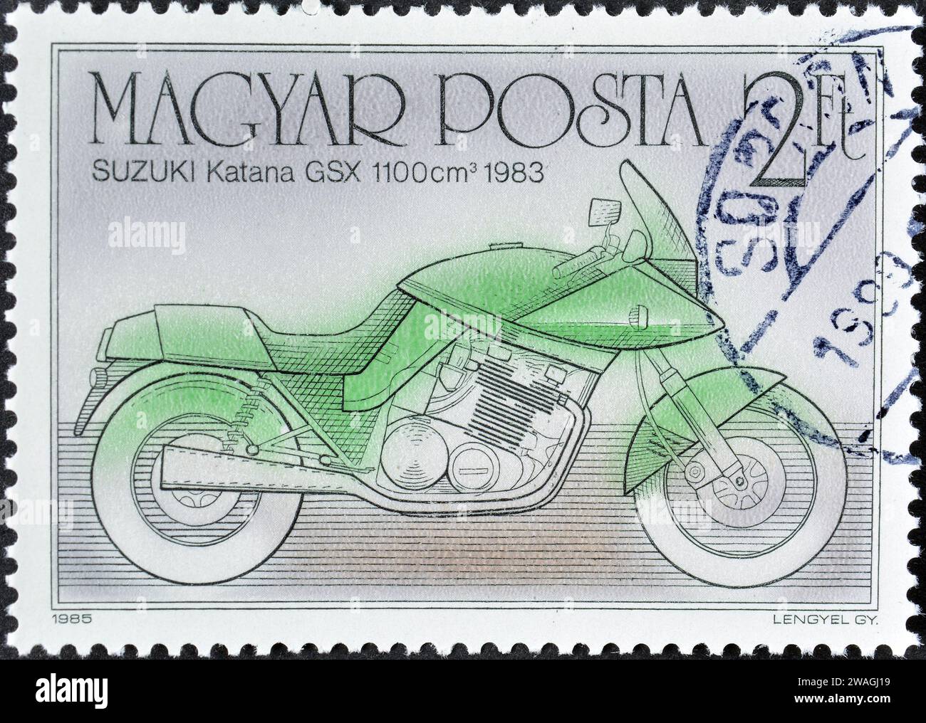 Francobollo annullato stampato dall'Ungheria, che mostra la moto Suzuki Katana GSX, 1983, circa 1985. Foto Stock