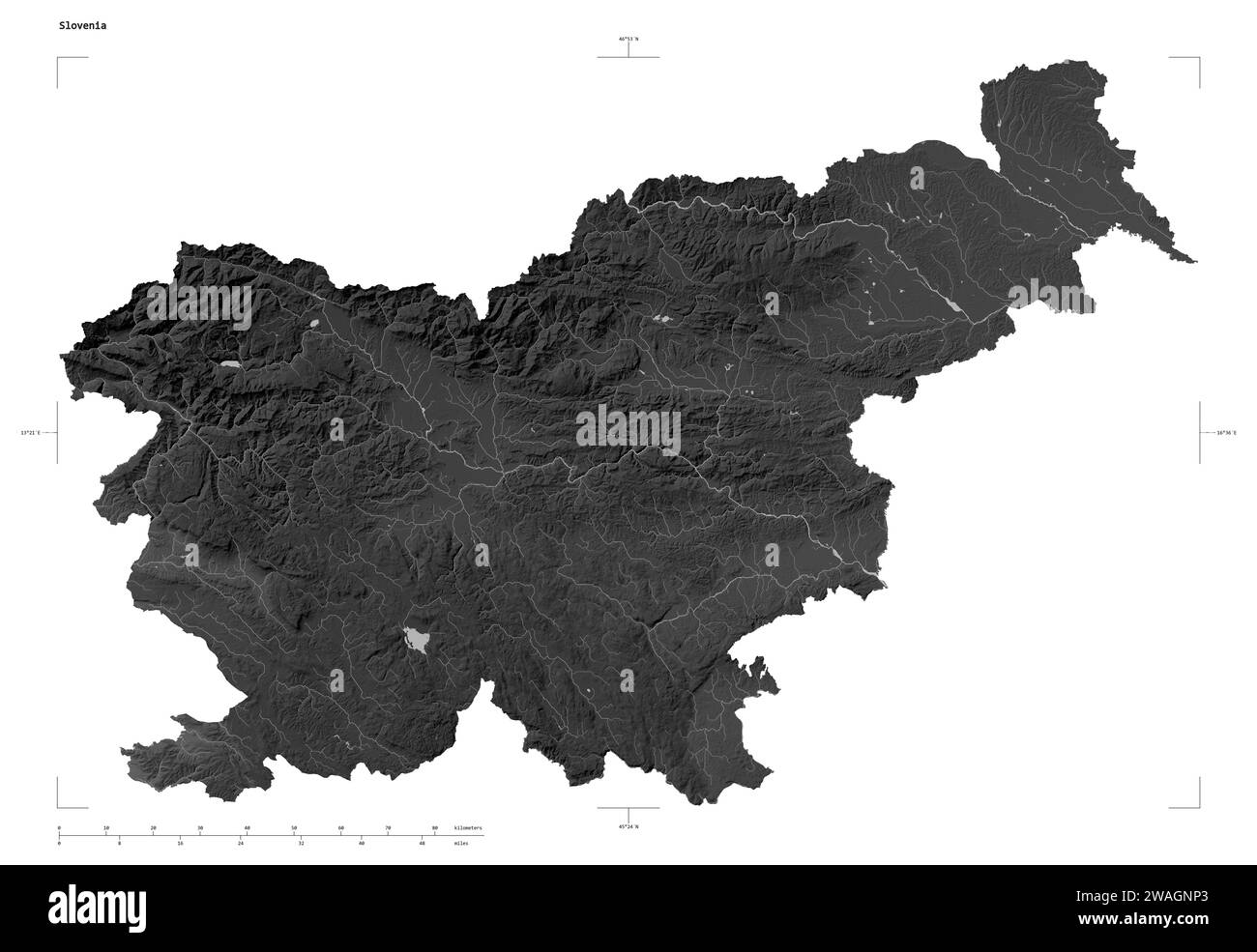Forma di una mappa di elevazione in scala di grigi con laghi e fiumi della Slovenia, con scala di distanza e coordinate di confine della mappa, isolati su bianco Foto Stock