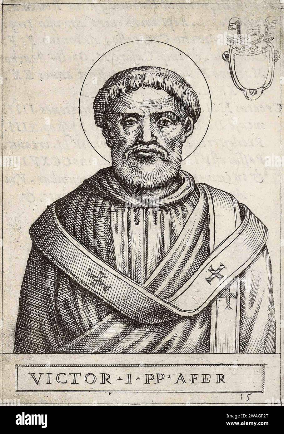 Un'illustrazione del 1580 di papa Vittorio i, che fu pontefice dall'AD189 all'AD199. Era il quattordicesimo papa e, essendo nato nel Nord Africa occupato dai romani, fu il primo papa berbero e il primo non europeo. Foto Stock
