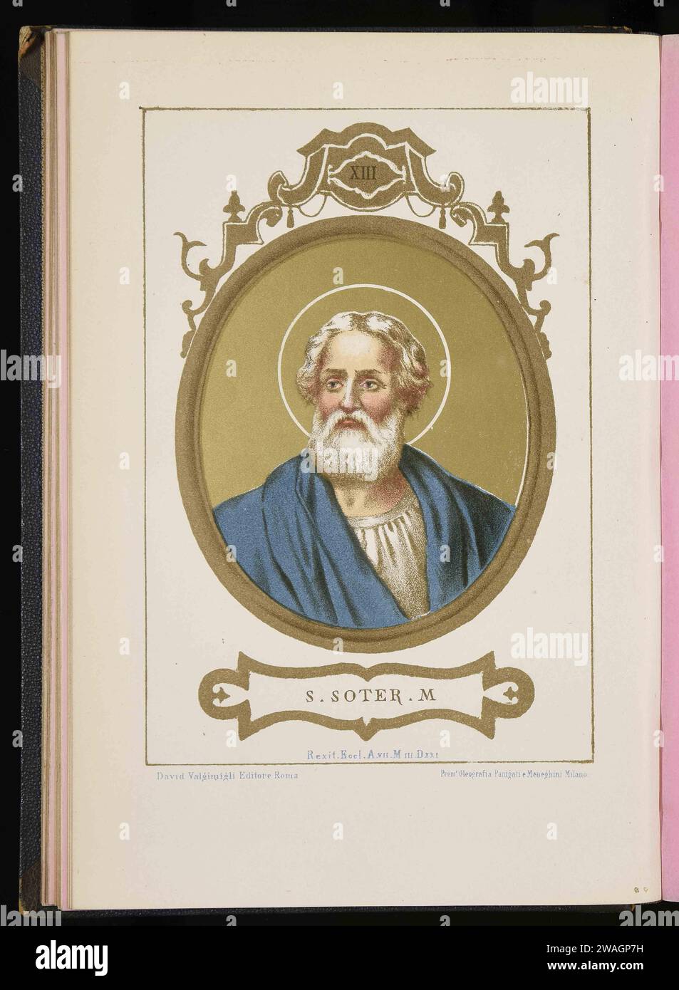 Un'illustrazione del 1879 di Papa Soter, che fu pontefice dall'AD166 all'AD174. Era il dodicesimo papa. Decretò che il matrimonio era valido come sacramento solo quando benedetto da un sacerdote e inaugurò formalmente la Pasqua come festa annuale a Roma. Il suo nome deriva dal greco "salvatore". Foto Stock