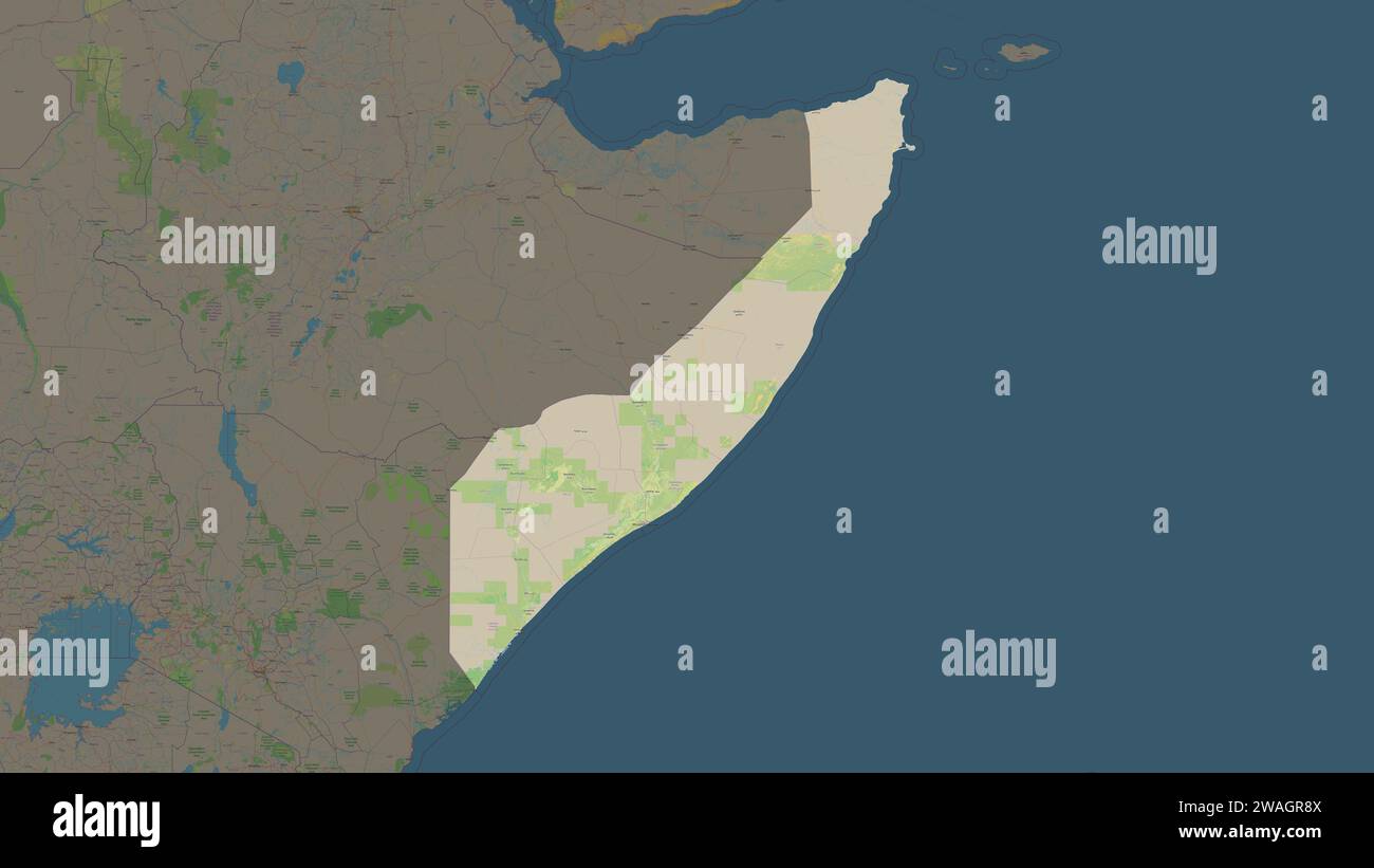 Somalia continentale evidenziata su una mappa topografica di stile standard OSM Foto Stock