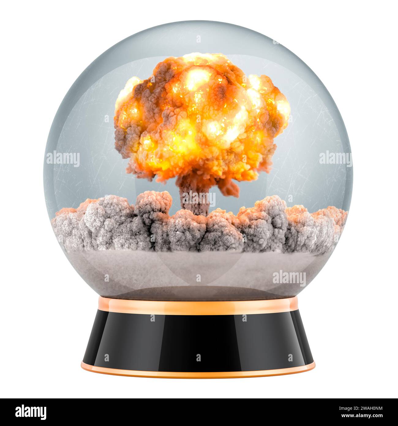 Clear Crystal Ball con l'esplosione della bomba atomica. Apocalypse Prediction Prophecy, End of the World, Concept. Rendering 3D isolato su sfondo bianco Foto Stock