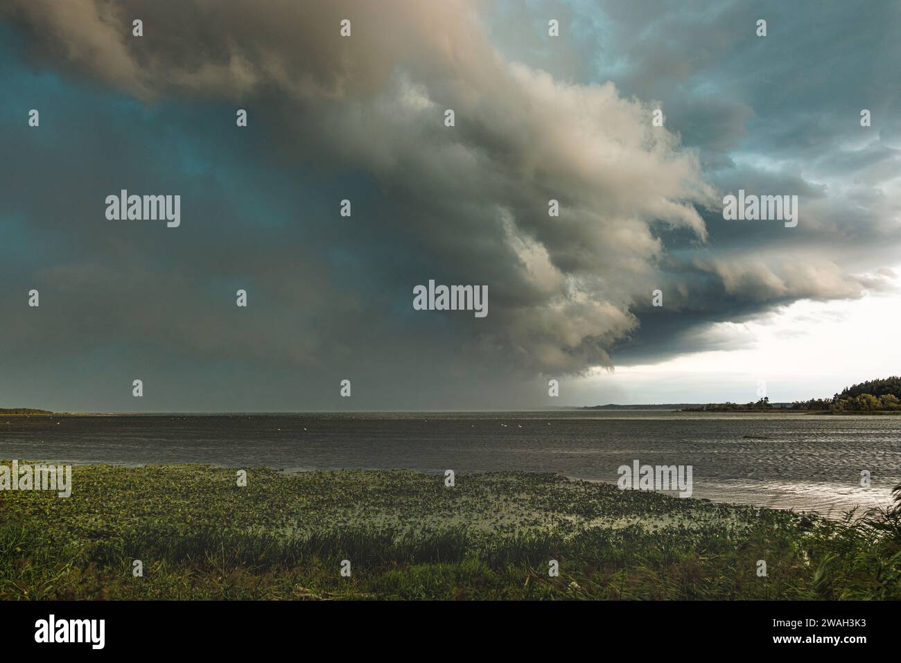 Fronte di tempesta con forte pioggia localizzata e venti da raffica che attraversano il lago Chiemsee, Germania, Baviera, lago Chiemsee Foto Stock