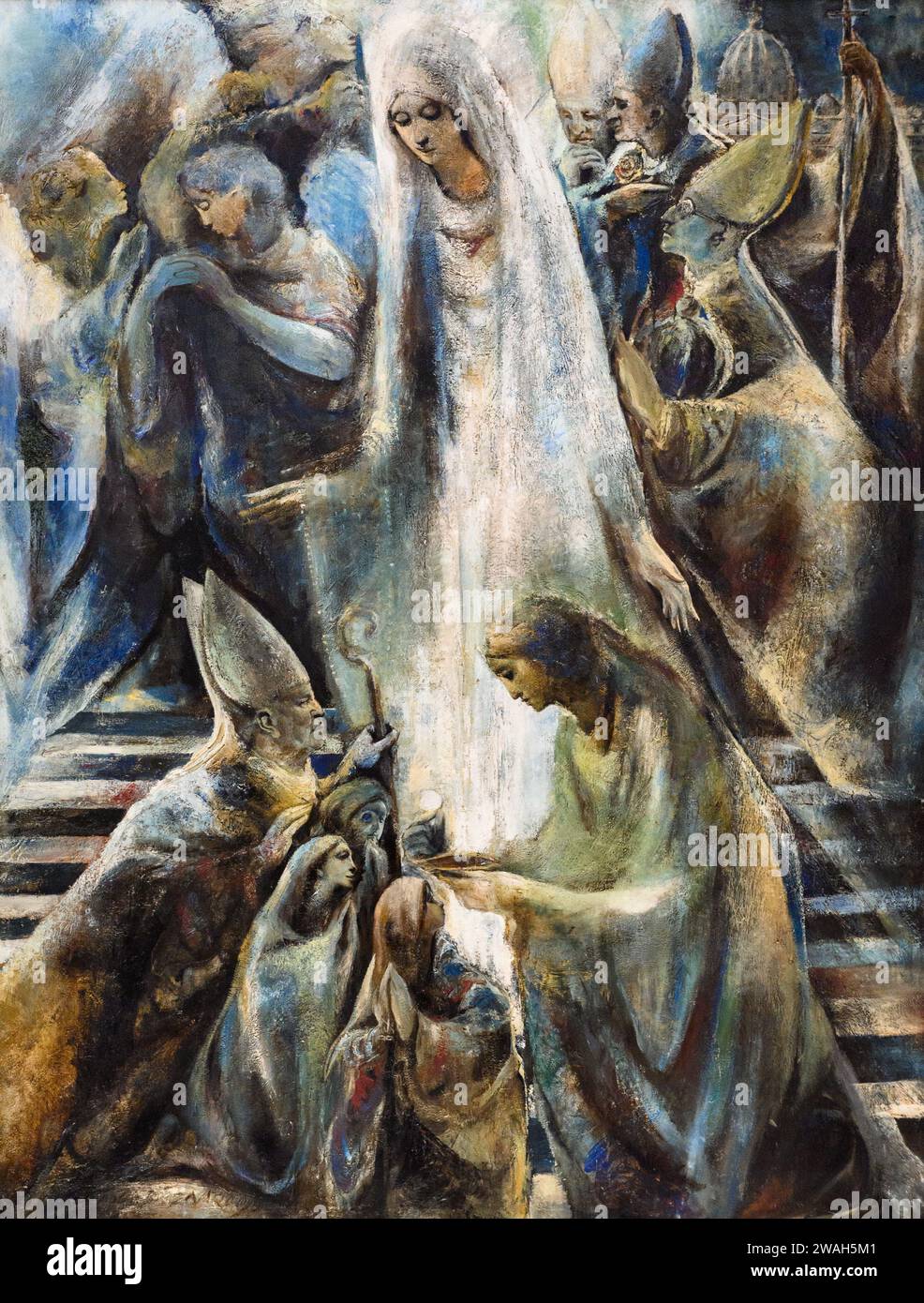 Il dipinto sopra l'altare maggiore nella Basilica di nostra Signora del Rosario a Fatima, Portogallo. Il dipinto racconta la storia degli eventi di Fatima. Foto Stock