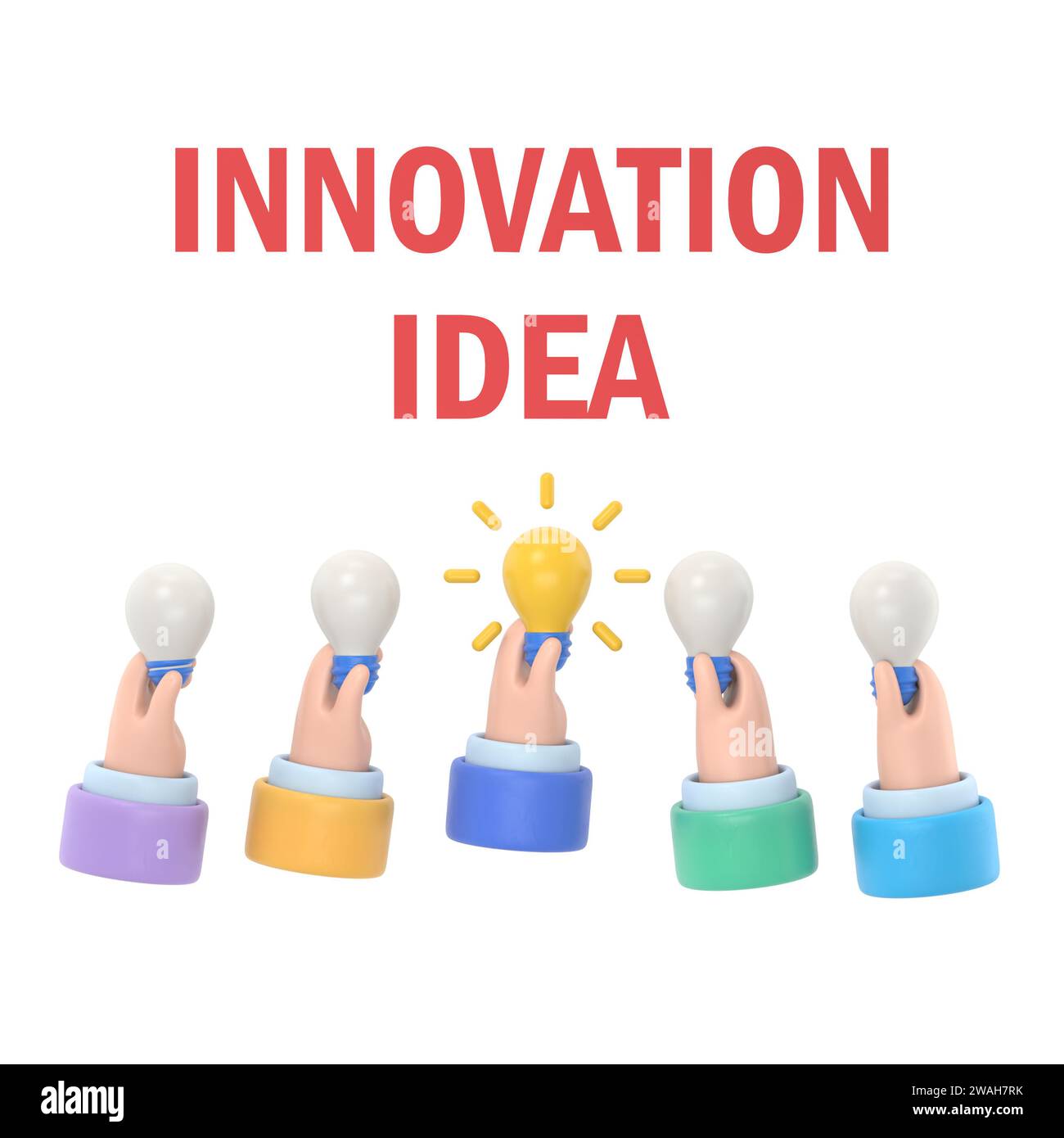 Un'idea unica. Concetto di lampadina che tiene la mano. Soluzione tecnologia innovativa. disegno in stile piatto per illustrazioni 3d. Lampada elettrica simbolo della creatività. Foto Stock