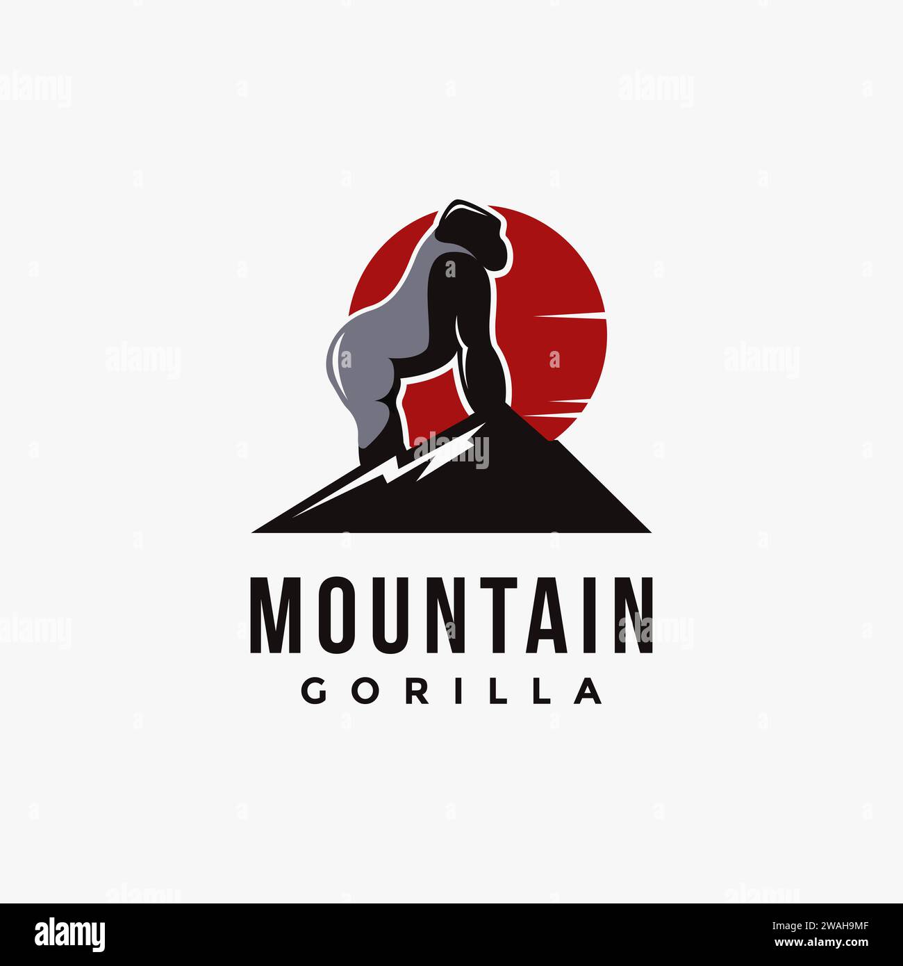 Modello di illustrazione vettoriale con logo Mountain e gorilla su sfondo bianco Illustrazione Vettoriale