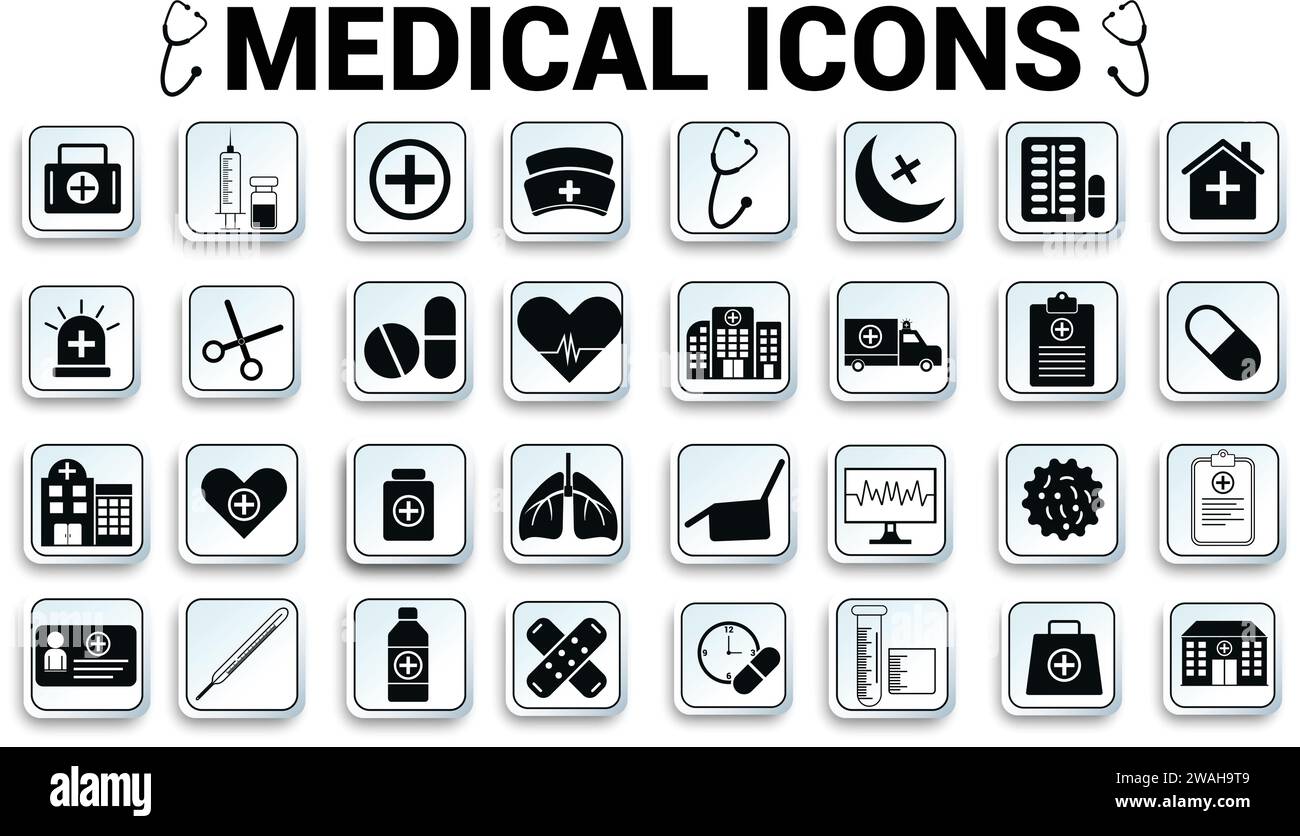 Progettazione vettoriale di immagini per set di icone medicali. Insieme di icone vettoriali. Illustrazione Vettoriale