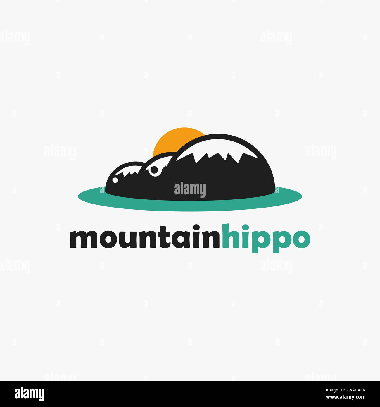 Semplice e divertente modello vettoriale icona del logo del paesaggio di ippopotamo di montagna su sfondo bianco Illustrazione Vettoriale
