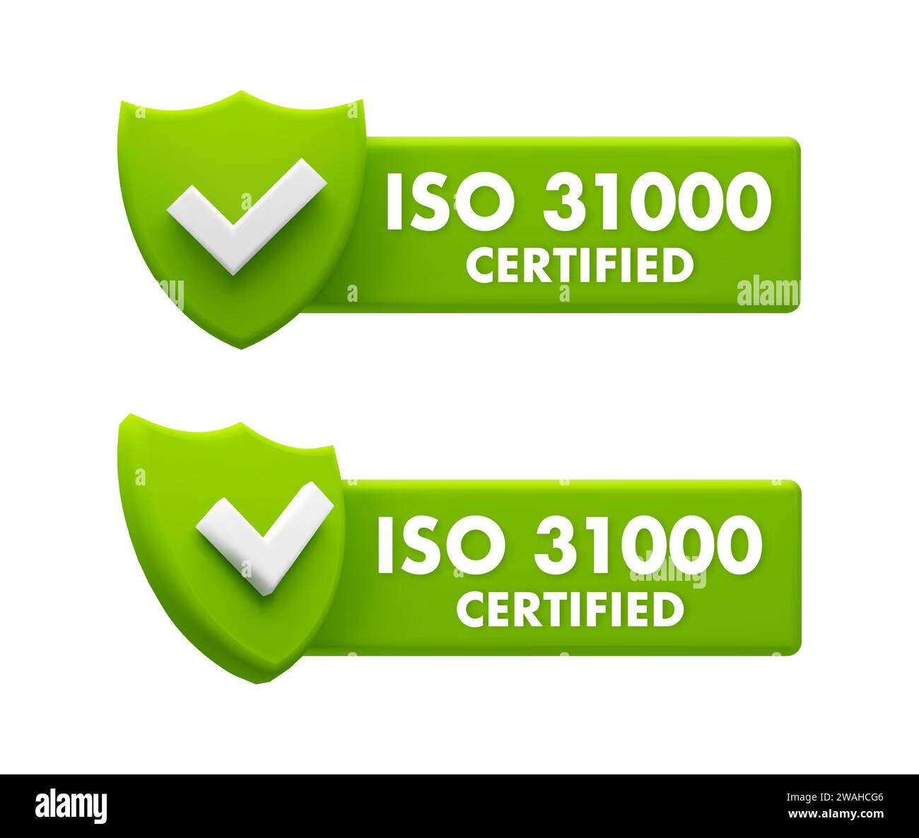 Badge certificati ISO 31000 verdi - Standard di gestione dei rischi e icone di garanzia Illustrazione Vettoriale