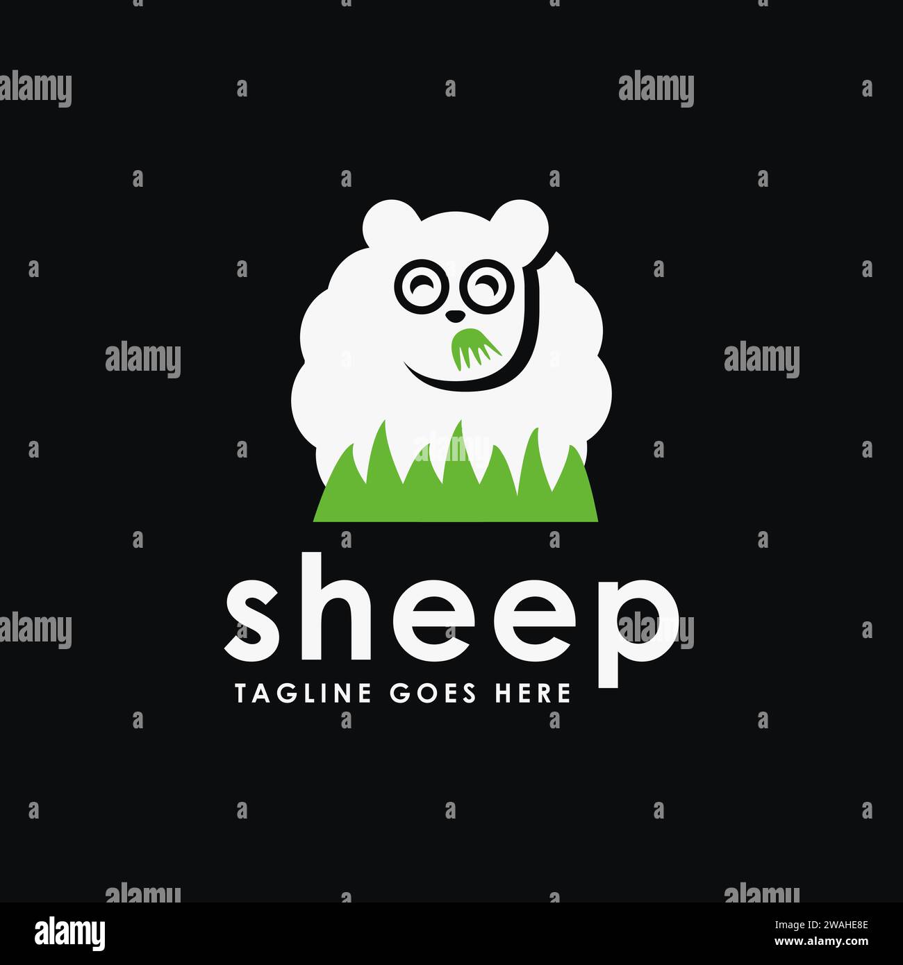 Modello vettoriale con icona del logo Flat Fun Sheep Eating Grass su sfondo nero Illustrazione Vettoriale