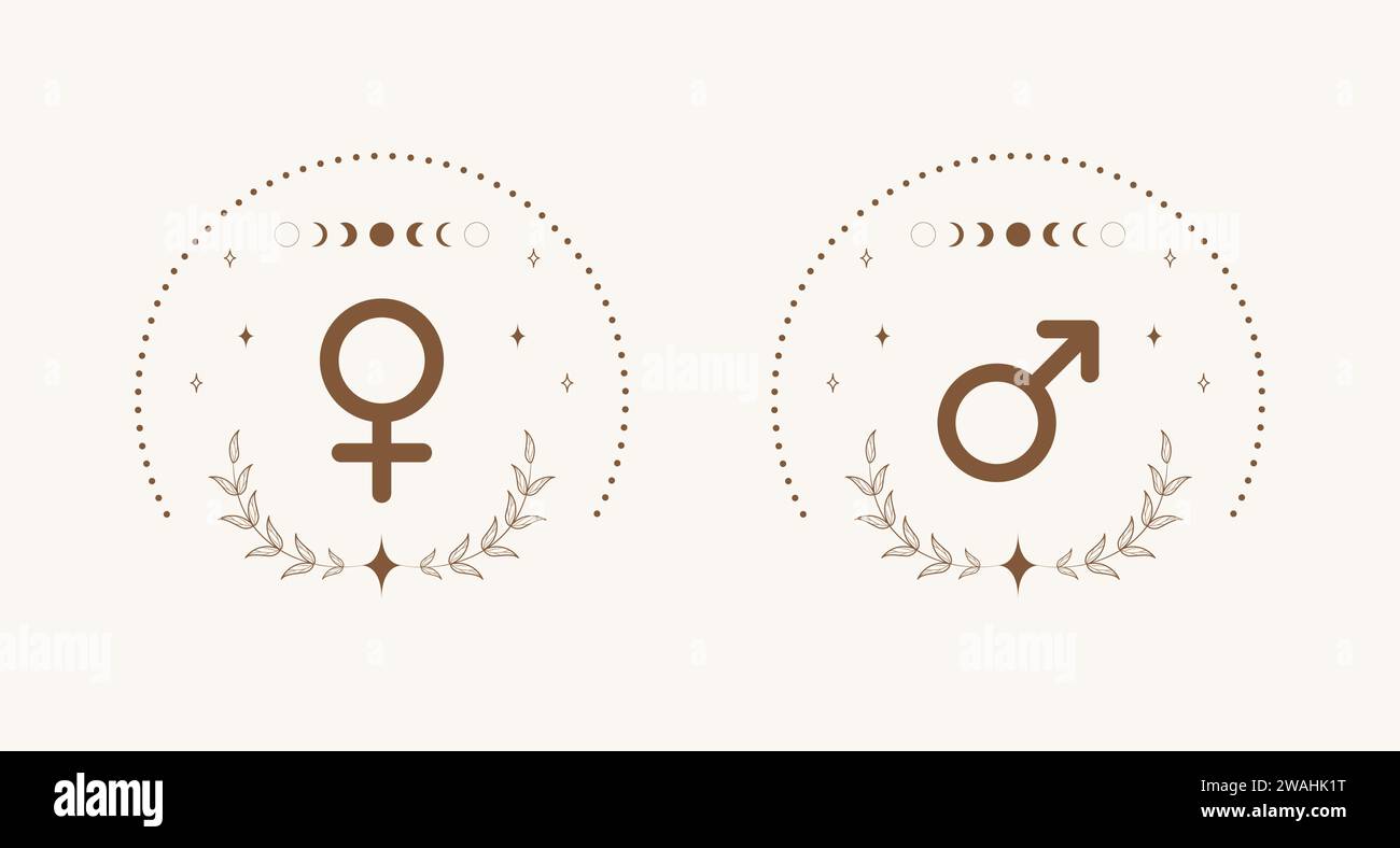 Simboli femminili e maschili in stile boho. Icone di genere con stelle e luna. Illustrazione vettoriale isolata su sfondo beige Illustrazione Vettoriale
