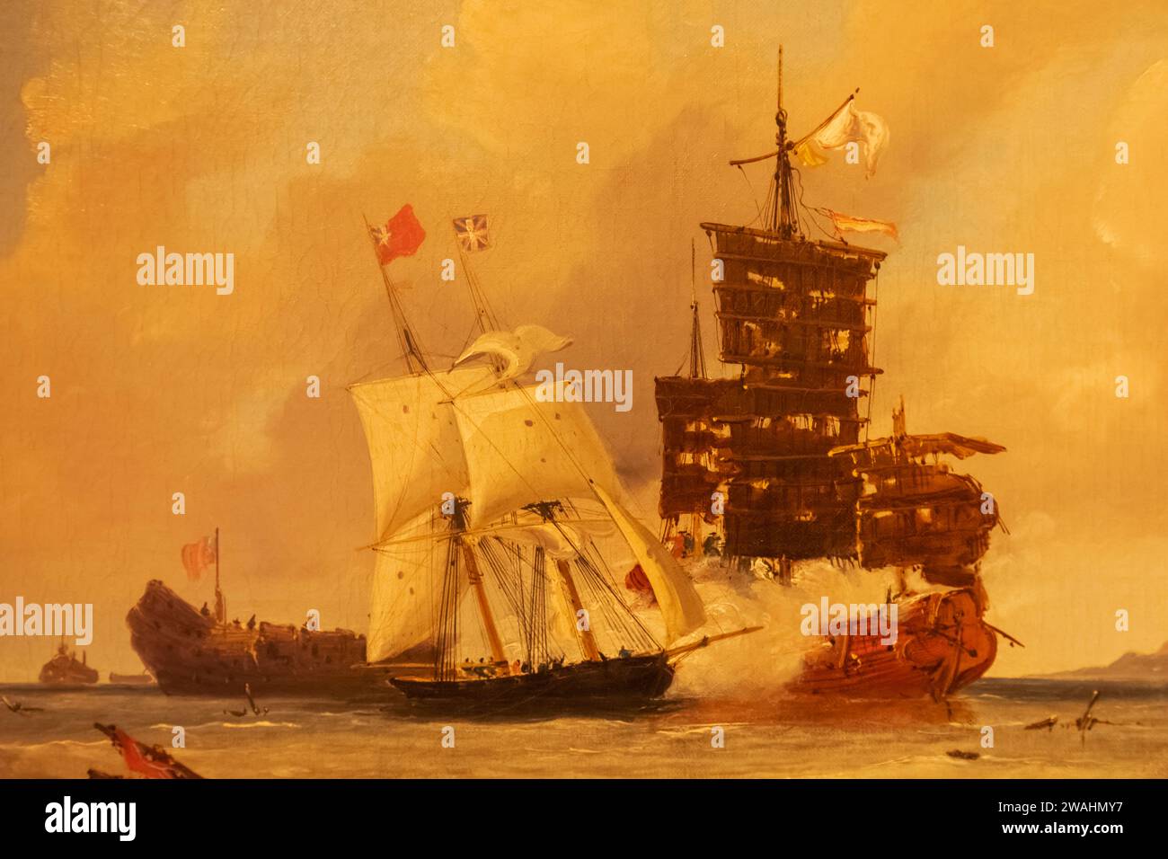 Cina, Hong Kong, Isola di Hong Kong, Museo marittimo, Pittura intitolata "English Sloop Ariel Engaging a piratical Chinese Junk" di Unknown Artist Foto Stock
