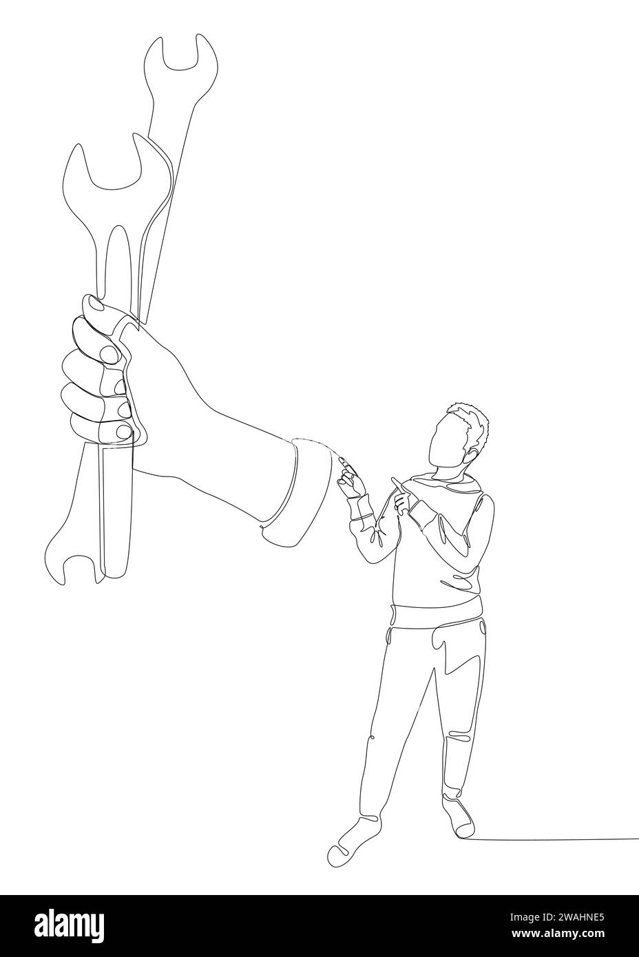 Una linea continua di uomo che punta con il dito verso la chiave. Concetto vettoriale illustrazione a linee sottili. Idee creative per disegnare contorni. Illustrazione Vettoriale