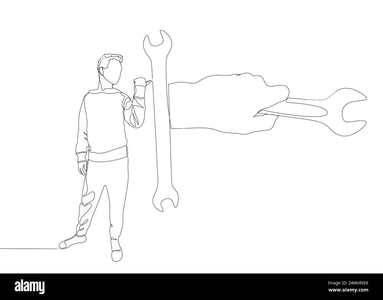 Una linea continua di uomo che punta con il dito verso la chiave. Concetto vettoriale illustrazione a linee sottili. Idee creative per disegnare contorni. Illustrazione Vettoriale