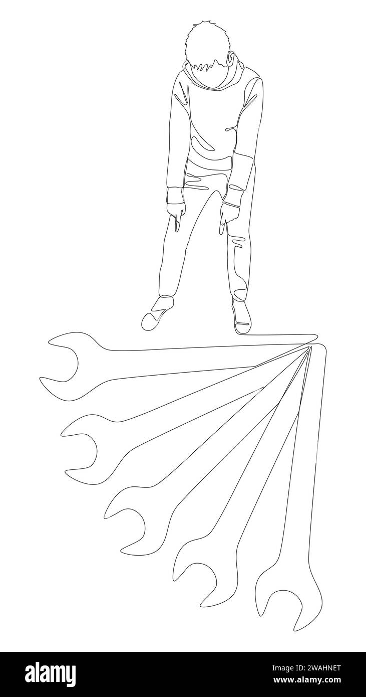 Una linea continua di uomo che punta con il dito verso la chiave. Concetto vettoriale illustrazione a linee sottili. Idee creative per disegnare contorni. Illustrazione Vettoriale