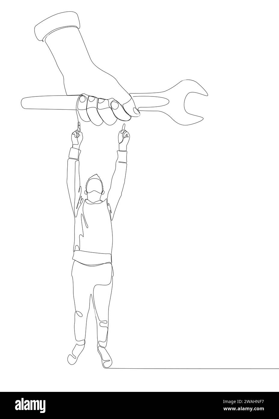 Una linea continua di uomo che punta con il dito verso la chiave. Concetto vettoriale illustrazione a linee sottili. Idee creative per disegnare contorni. Illustrazione Vettoriale