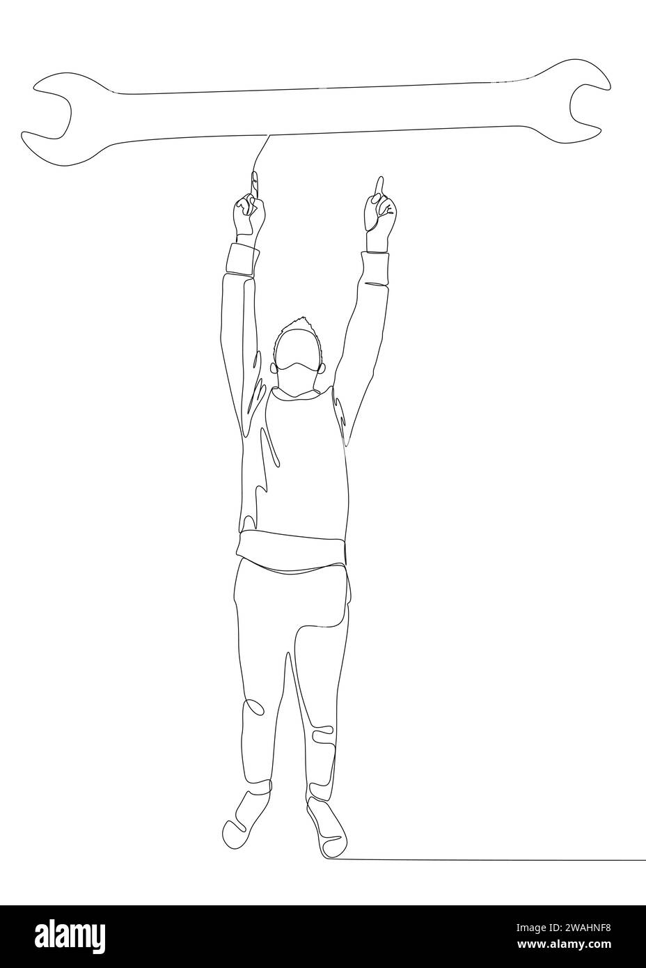 Una linea continua di uomo che punta con il dito verso la chiave. Concetto vettoriale illustrazione a linee sottili. Idee creative per disegnare contorni. Illustrazione Vettoriale