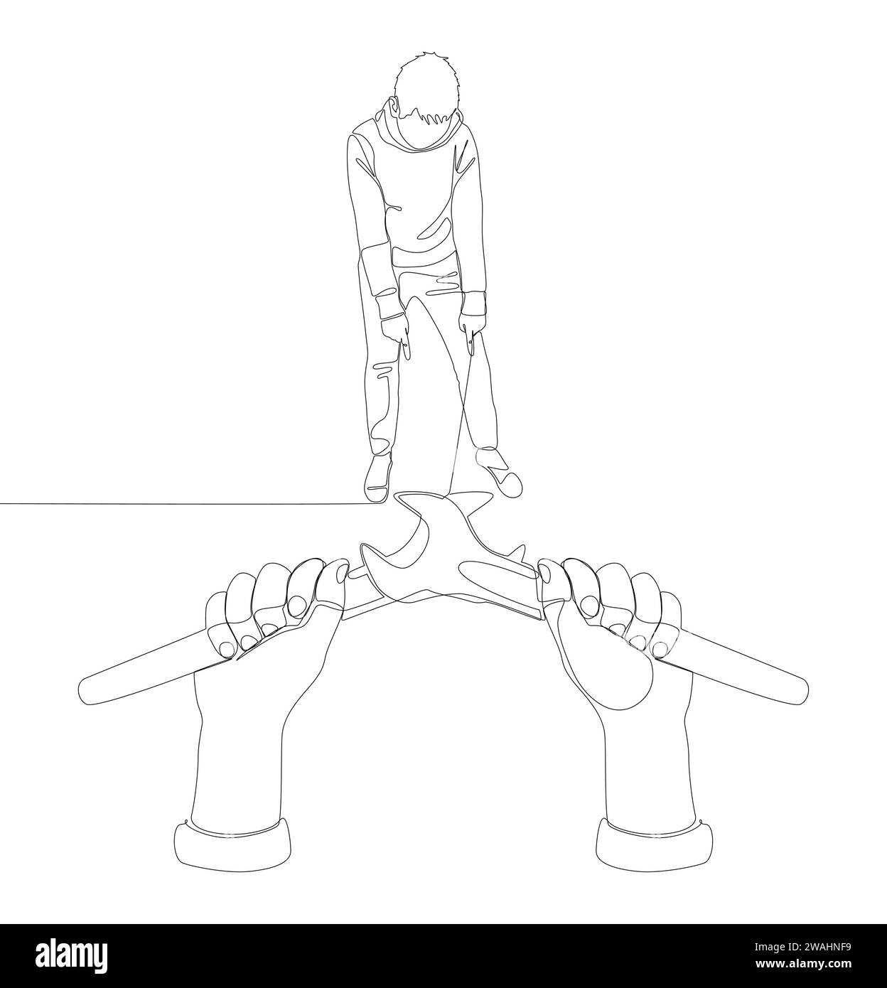Una linea continua di uomo che punta con il dito verso la chiave. Concetto vettoriale illustrazione a linee sottili. Idee creative per disegnare contorni. Illustrazione Vettoriale