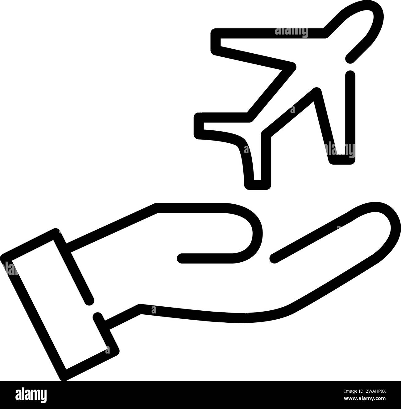 Mano che regge un aereo che se ne va. Compagnia aerea. Icona pixel Perfect, traccia modificabile Illustrazione Vettoriale