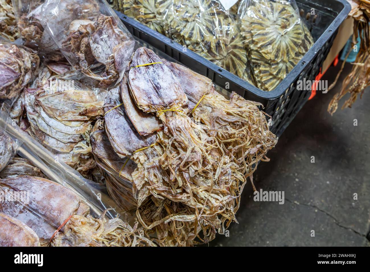 Calamari secchi al Mae Klong Fresh Market, Thailandia. Foto Stock