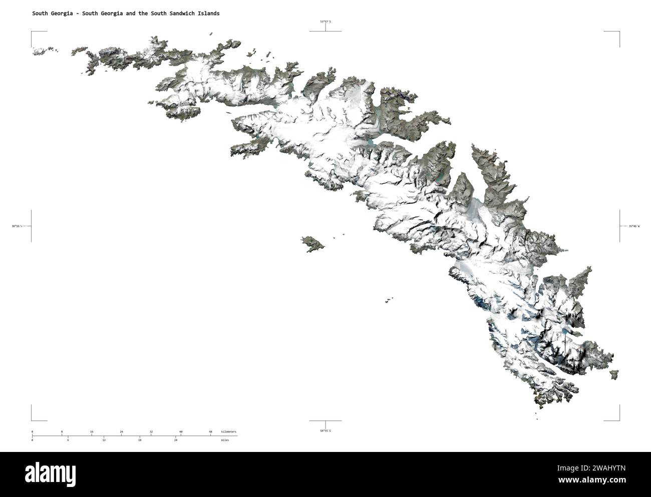 Forma di una mappa satellitare a bassa risoluzione della Georgia del Sud - Georgia del Sud e delle Isole Sandwich Australi, con scala di distanza e mappa di confine coordi Foto Stock