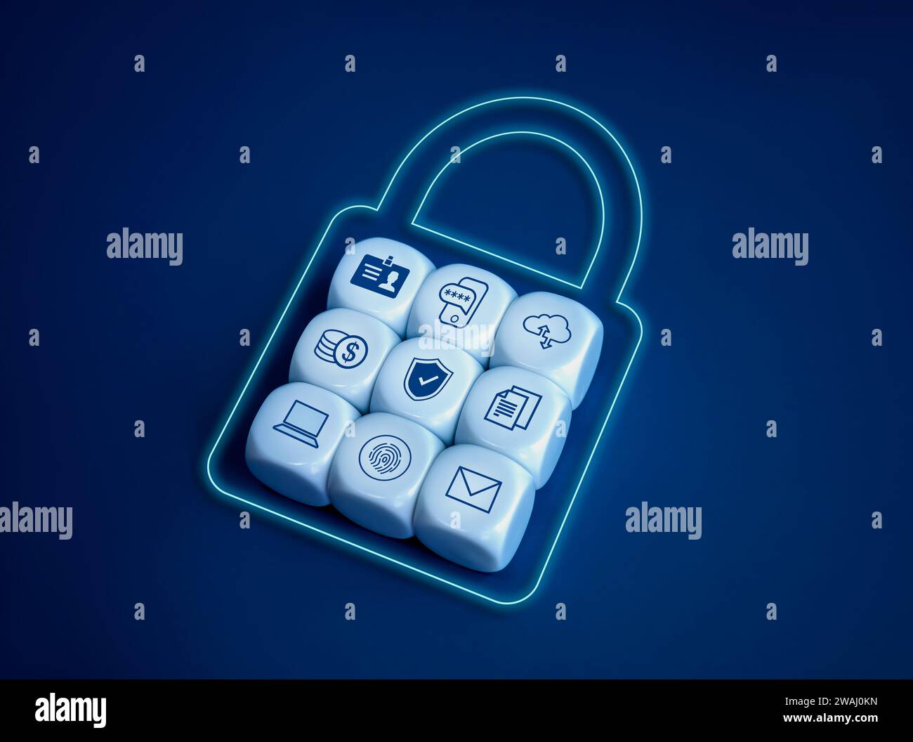 Protezione dei dati personali e cibersicurezza sistema di rete di concetti di tecnologia Internet. Il gruppo di blocco delle icone di informazioni sulla privacy digitale è sicuro Foto Stock
