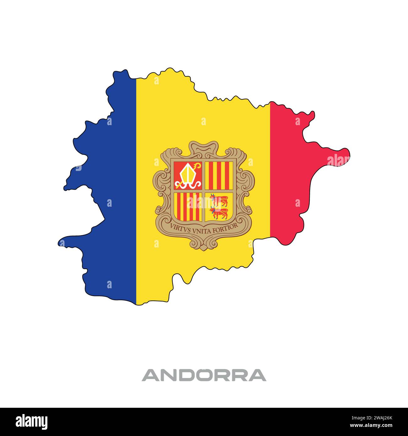 Illustrazione vettoriale della bandiera di Andorra con contorni neri su sfondo bianco Illustrazione Vettoriale