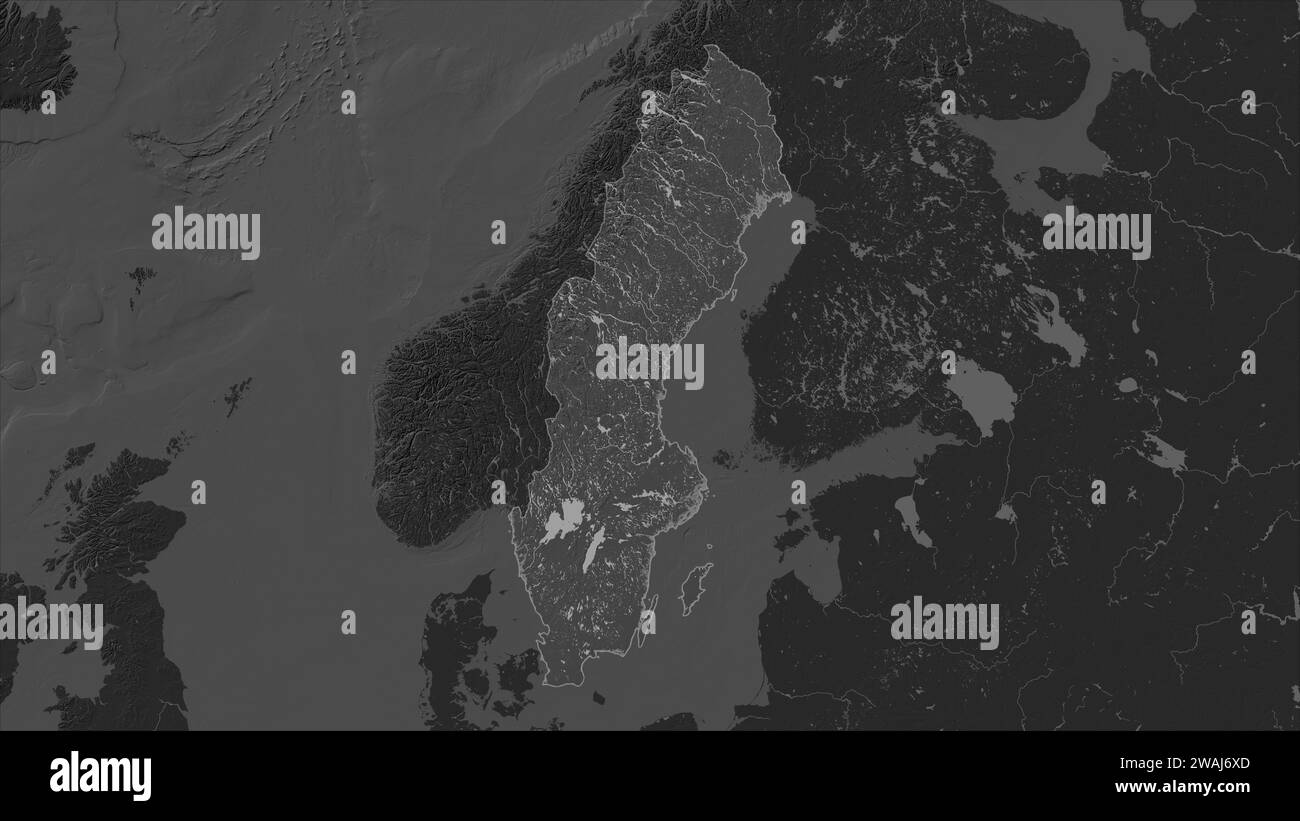 La Svezia è evidenziata su una mappa di elevazione a Bilevel con laghi e fiumi Foto Stock