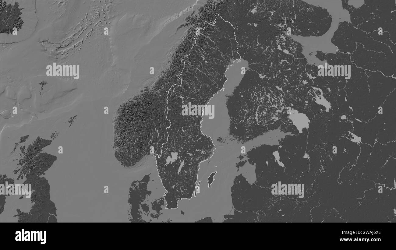 La Svezia delineata su una mappa di elevazione a Bilevel con laghi e fiumi Foto Stock